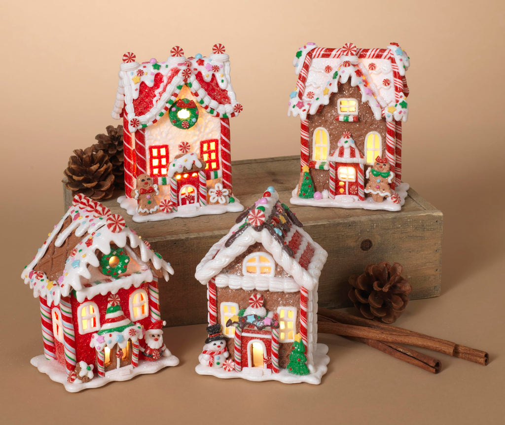 Lighted Gingerbread House Christmas Decorations, Set of 4, Clay Dough Resin, 5.5 Inches High, Battery Operated