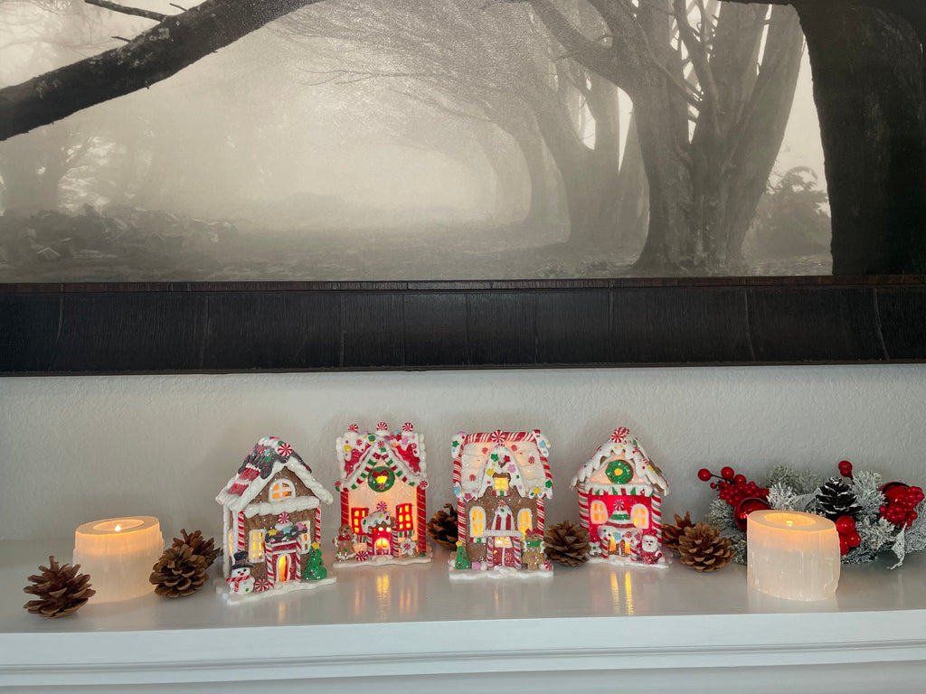 Lighted Gingerbread House Christmas Decorations, Set of 4, Clay Dough Resin, 5.5 Inches High, Battery Operated