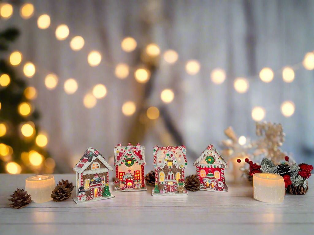 Lighted Gingerbread House Christmas Decorations, Set of 4, Clay Dough Resin, 5.5 Inches High, Battery Operated