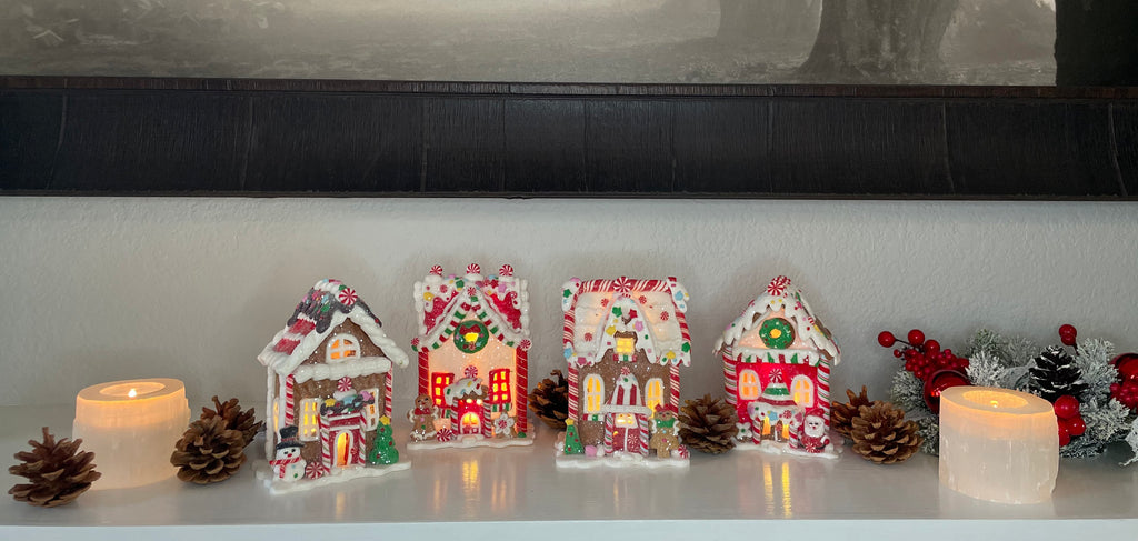 Lighted Gingerbread House Christmas Decorations, Set of 4, Clay Dough Resin, 5.5 Inches High, Battery Operated