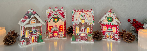 Lighted Gingerbread House Christmas Decorations, Set of 4, Clay Dough Resin, 5.5 Inches High, Battery Operated