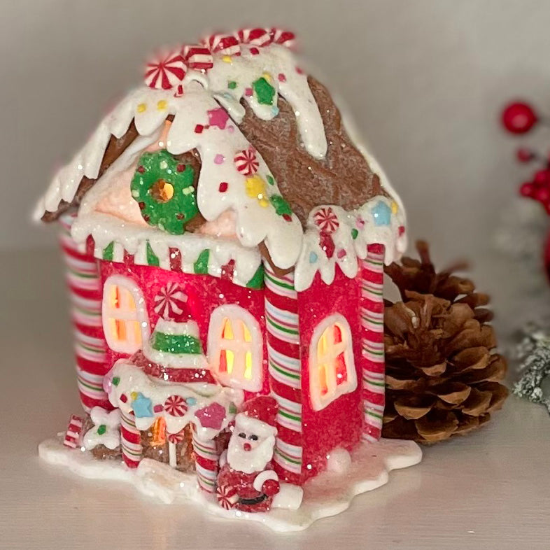 Lighted Gingerbread House Christmas Decorations, Set of 4, Clay Dough Resin, 5.5 Inches High, Battery Operated