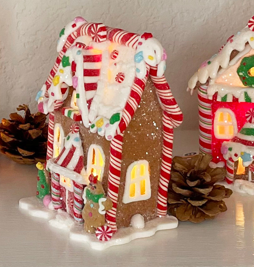 Lighted Gingerbread House Christmas Decorations, Set of 4, Clay Dough Resin, 5.5 Inches High, Battery Operated