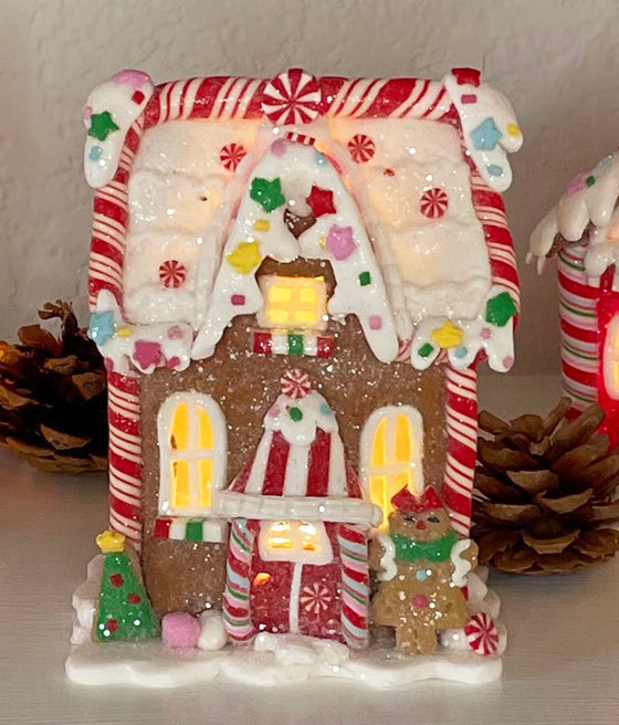 Lighted Gingerbread House Christmas Decorations, Set of 4, Clay Dough Resin, 5.5 Inches High, Battery Operated