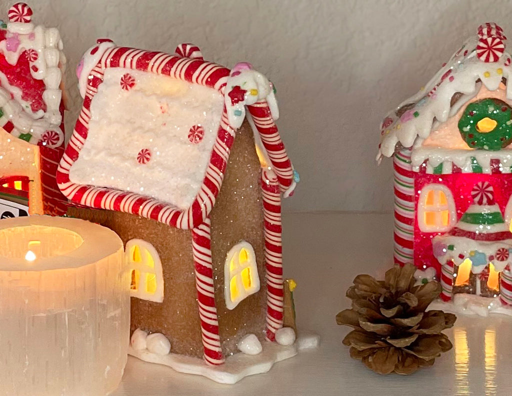 Lighted Gingerbread House Christmas Decorations, Set of 4, Clay Dough Resin, 5.5 Inches High, Battery Operated
