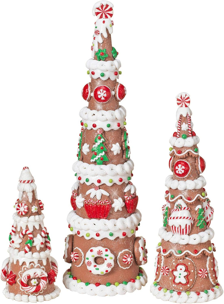 TenWaterloo Set of 3 Frosted Gingerbread Christmas Candy Cone Trees, 7.5 Inches, 12 Inches and 16.5 Inches High