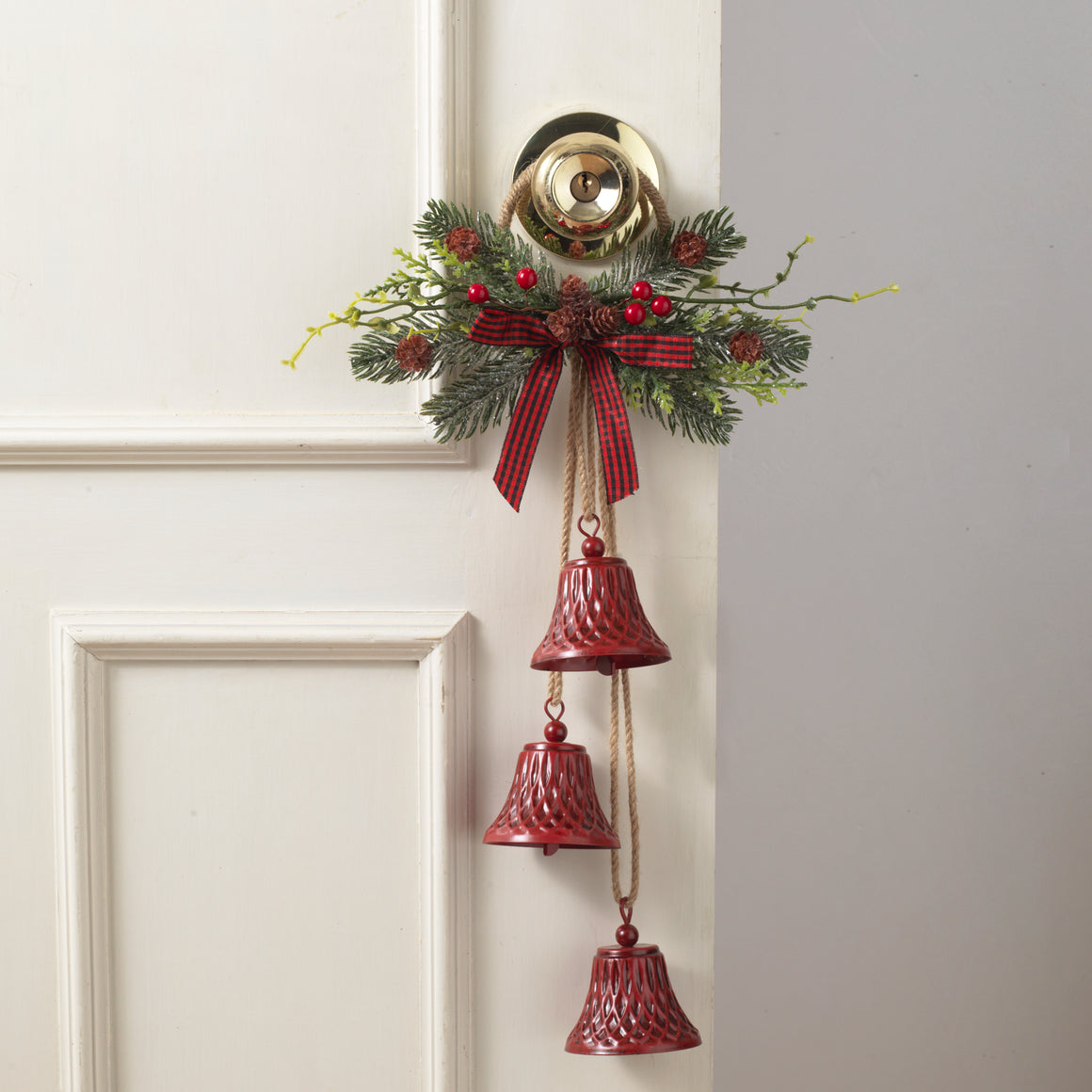 Christmas Bells Door Hanger Swag with Red Jingle Bells and Artificial Pine Dusted with Glitter and Red Berries, 18 Inches