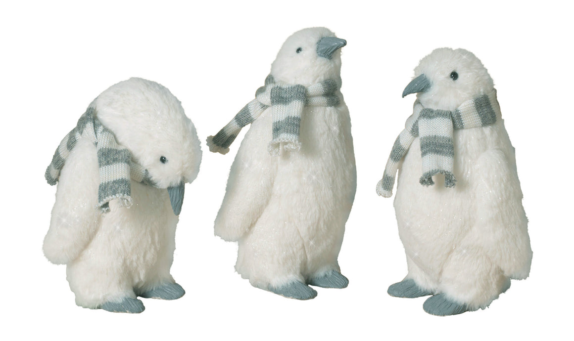 Set of 3 Christmas White Penguin Figurines with Scarves - 8, 9 and 10 Inches Tall
