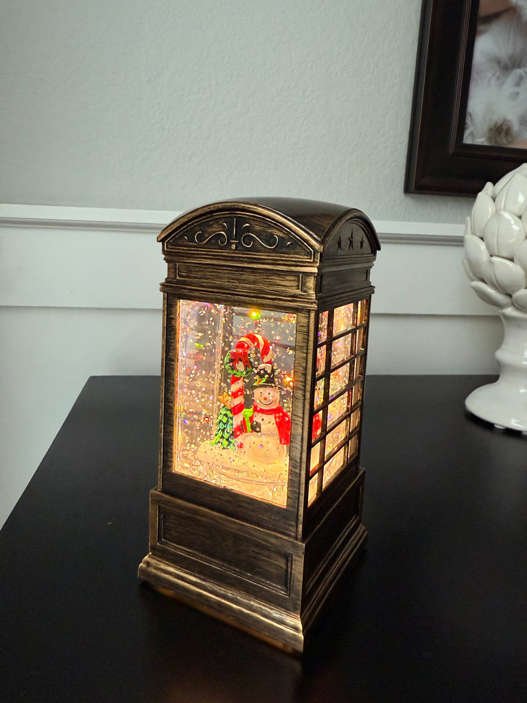 Christmas Water Lantern with Snowman, 6.5" LED Globe, Battery/USB Operated, Bronze Look Finish
