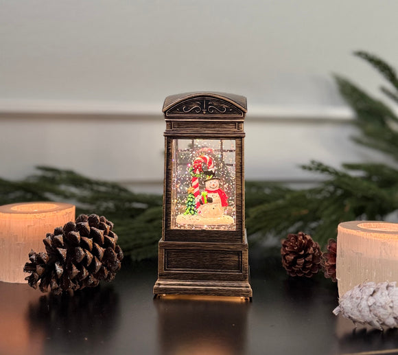 Christmas Water Lantern with Snowman, 6.5" LED Globe, Battery/USB Operated, Bronze Look Finish