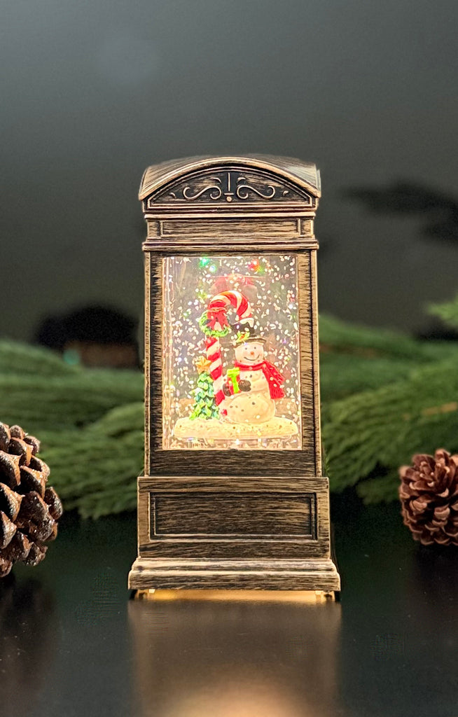 Christmas Water Lantern with Snowman, 6.5" LED Globe, Battery/USB Operated, Bronze Look Finish