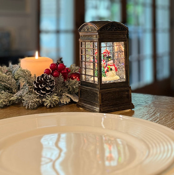 Christmas Water Lantern with Snowman, 6.5" LED Globe, Battery/USB Operated, Bronze Look Finish