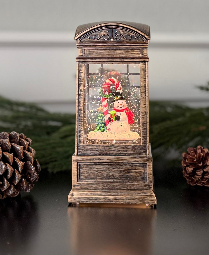 Christmas Water Lantern with Snowman, 6.5" LED Globe, Battery/USB Operated, Bronze Look Finish