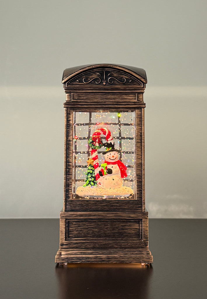 Christmas Water Lantern with Snowman, 6.5" LED Globe, Battery/USB Operated, Bronze Look Finish
