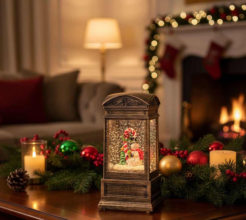 Christmas Water Lantern with Snowman, 6.5" LED Globe, Battery/USB Operated, Bronze Look Finish