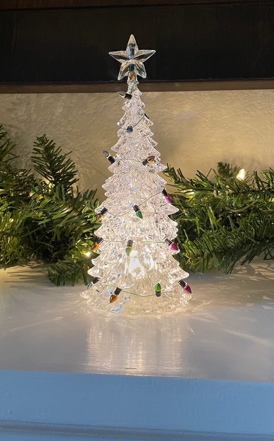 Lighted Clear Acrylic Christmas Tree with Sparkled Frosted Tips and Colorful Strands of Ornaments, 8.25 Inches Tall, Battery Operated (Clear)