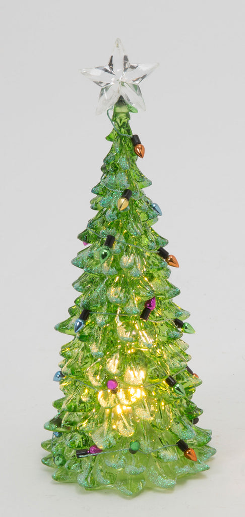 Lighted Clear Acrylic Christmas Tree with Sparkled Frosted Tips and Colorful Strands of Ornaments, 8.25 Inches Tall, Battery Operated (Green)