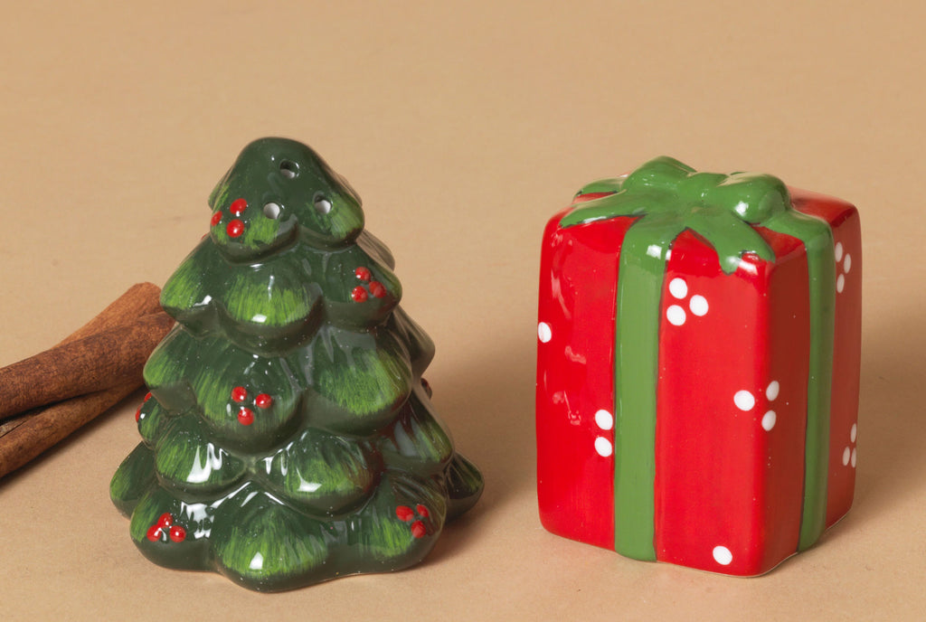 Christmas Tree and Christmas Gift Salt & Pepper Shaker Set of 2 - Red, White and Green Ceramic