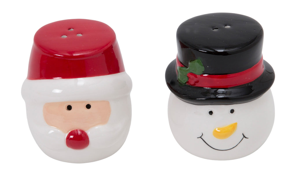 Christmas Santa and Snowman Salt & Pepper Shaker Set of 2 - Red, White and Black Ceramic