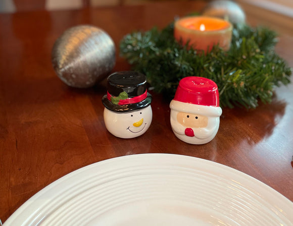 Christmas Santa and Snowman Salt & Pepper Shaker Set of 2 - Red, White and Black Ceramic
