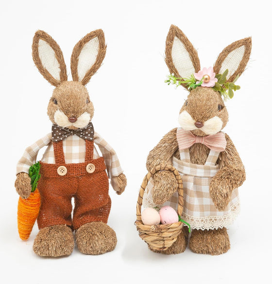 Set of 2 Easter Decorations 14 Inch High Poseable Straw Bunny Figurines, Rustic Easter Rabbits with Fabric Outfits and Easter Floral Decoration, Sisal Bunny Statues Spring Tabletop Decor