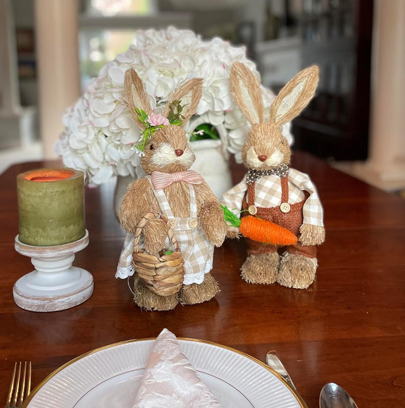 Set of 2 Easter Decorations 14 Inch High Poseable Straw Bunny Figurines, Rustic Easter Rabbits with Fabric Outfits and Easter Floral Decoration, Sisal Bunny Statues Spring Tabletop Decor