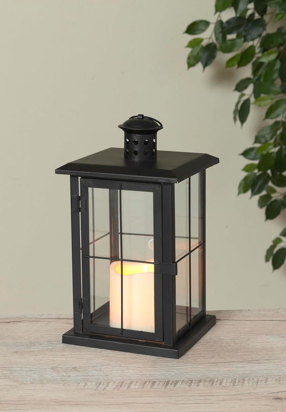 Glass and Black Metal Candle Lantern, Battery Operated with Timer, 10.5 Inches High