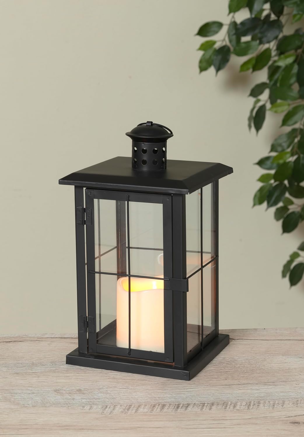 Glass and Black Metal Candle Lantern, Battery Operated with Timer, 10.5 Inches High