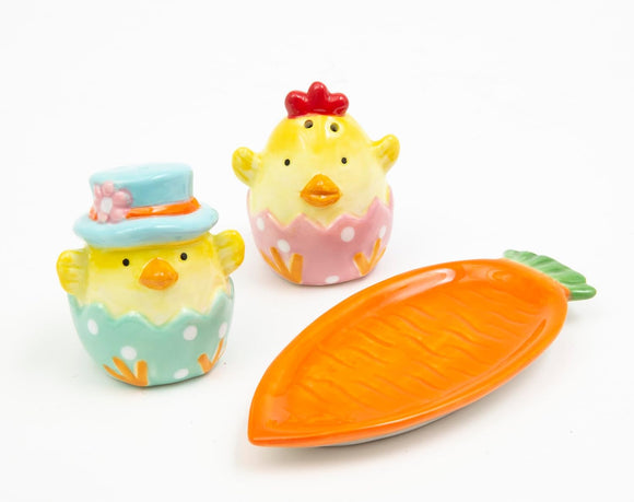 Easter Chicks Salt and Pepper Shaker Set with Tray, Ceramic - Yellow, Blue, Pink, Orange, Green