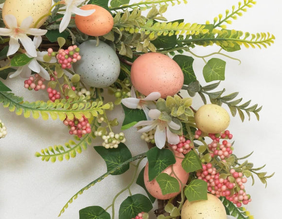 20 Inch Easter Egg Spring Wreath with Artificial Floral on a Natural Twig Base - Blue, Pink, Green, Yellow, Orange