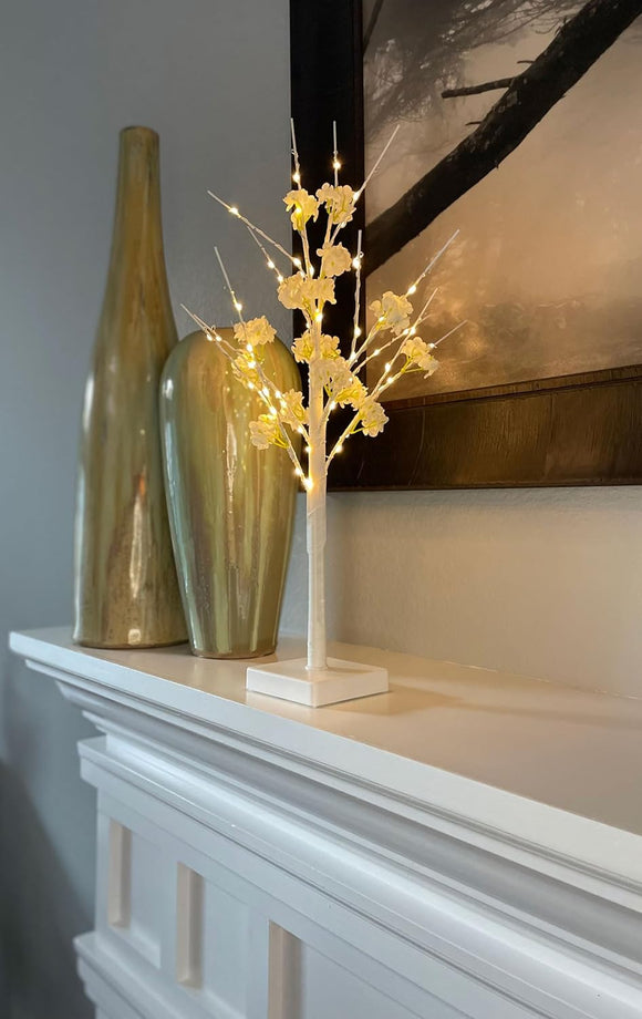 2 Foot White Lighted Spring Cherry Blossom Tree with Timer, Battery Operated, Easter Egg Tree