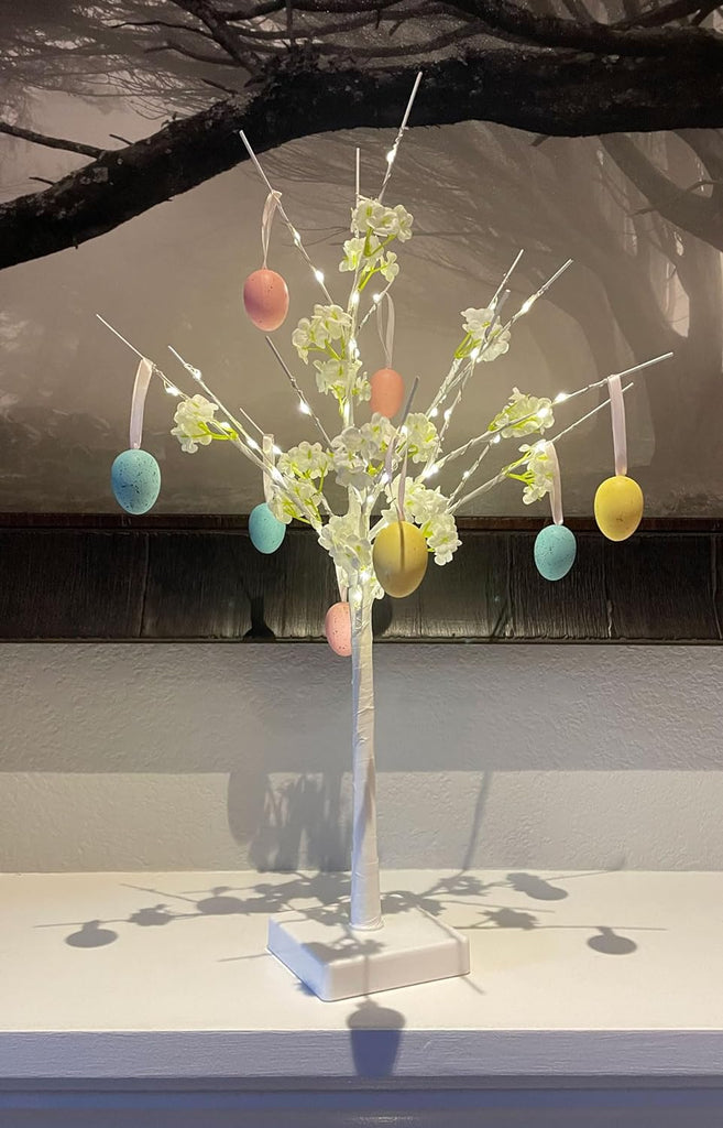 2 Foot White Lighted Spring Cherry Blossom Tree with Timer, Battery Operated, Easter Egg Tree