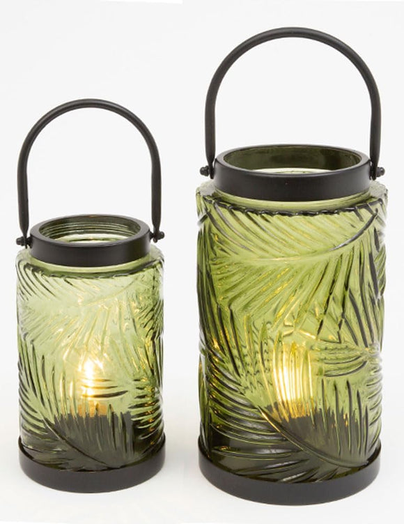 Set of 2 Metal and Glass Lighted Lanterns with Battery Operated Edison Bulb Look, 8 and 10 Inches High - Black Metal with Grey/Green Embossed Smoke Glass