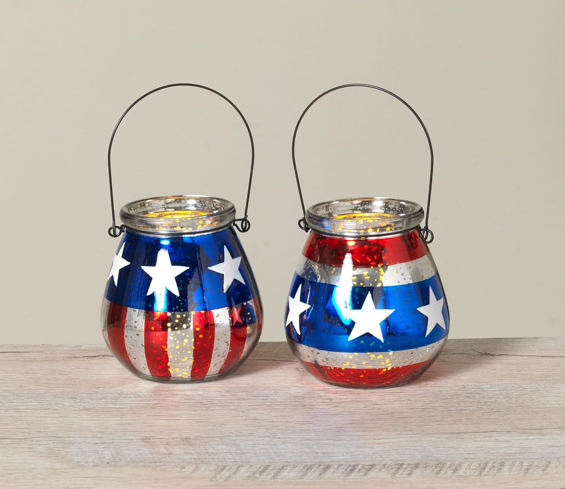 Set of 2 Patriotic Americana Glass Candle Holders with Battery Operated Tea Lights, 4.5 Inches High, Indoor and Patio Candle Holders - Red, White and Blue Mercury Glass Look with Stripes and Stars
