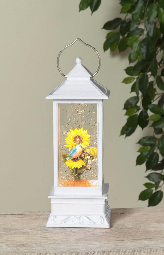 Garden Sunflower and Bluebird Lighted Water Lantern in White with Timer, Battery Operated with Optional USB Cord, 11 Inches High