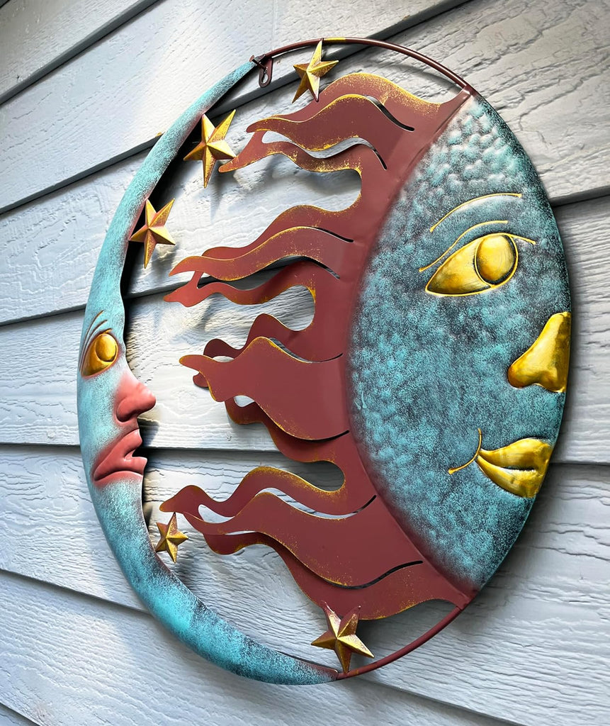 Sun Moon & Stars Metal Wall Hanging Garden Art, 23.5 Inches, Outdoor Decor Wall Art - Teal, Gold and Red Copper