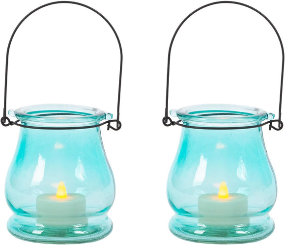 Set of 2 Blue Glass Candle Holders with Battery Operated Tea Lights and Timers, 4 Inches High, Indoor and Patio Candle Holders