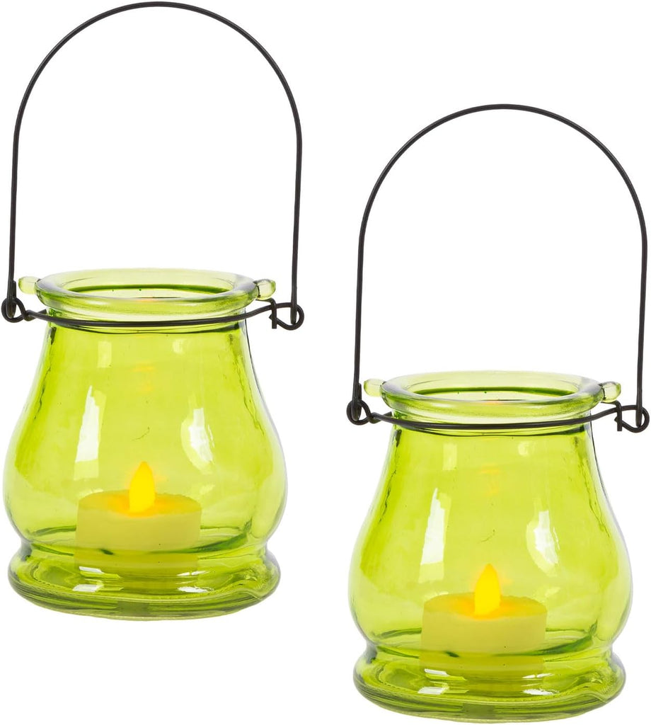 Set of 2 Green Glass Candle Holders with Battery Operated Tea Lights and Timers, 4 Inches High, Indoor and Patio Candle Holders