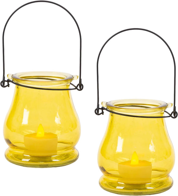Set of 2 Amber Yellow Glass Candle Holders with Battery Operated Tea Lights and Timers, 4 Inches High, Indoor and Patio Candle Holders