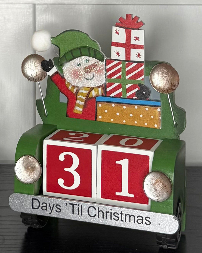 Christmas Countdown Calendar, Wooden Green Truck with Snowman and Gifts, 4.75" x 6.25", 32-Day Advent Blocks