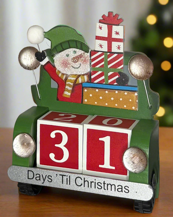 Christmas Countdown Calendar, Wooden Green Truck with Snowman and Gifts, 4.75" x 6.25", 32-Day Advent Blocks