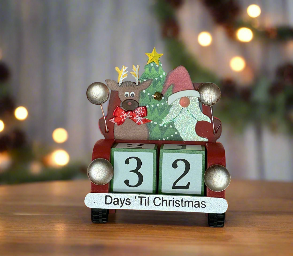 Christmas Countdown Calendar, Wooden Red Truck with Santa and Reindeer, 4.75" x 6", 32-Day Advent Blocks