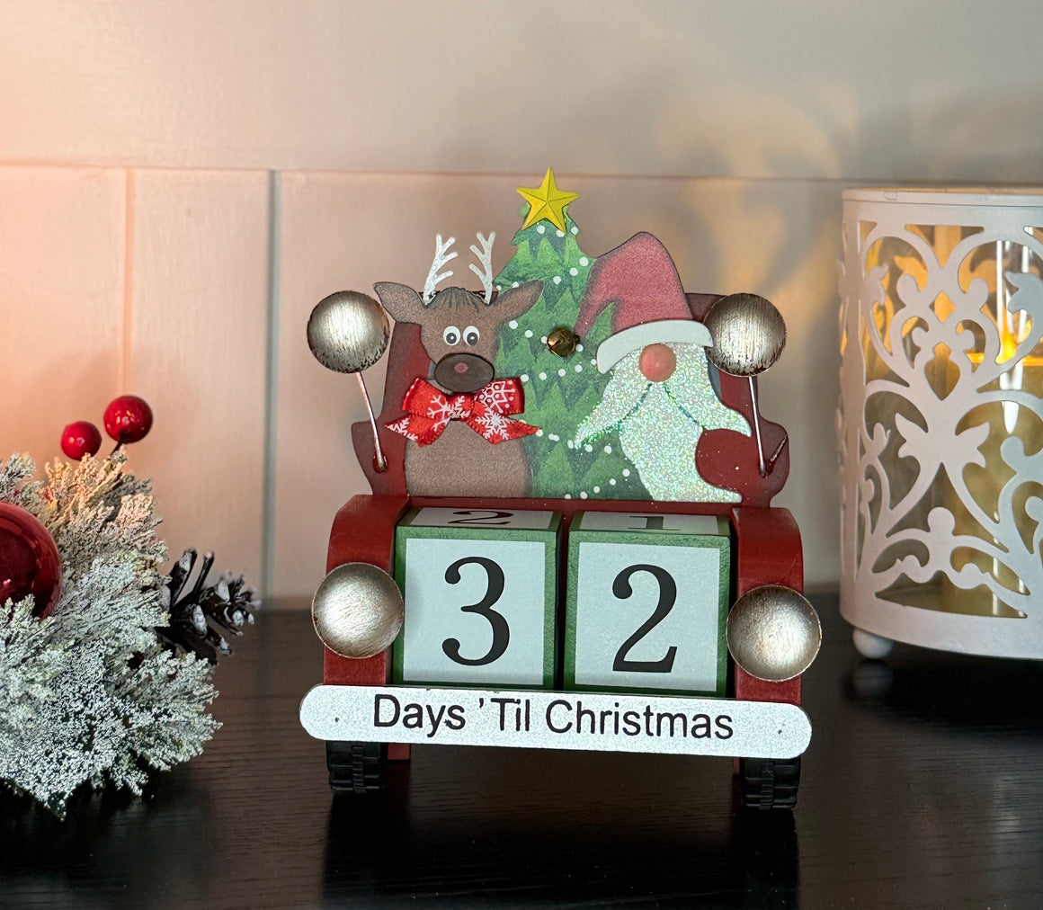 Christmas Countdown Calendar, Wooden Red Truck with Santa and Reindeer, 4.75" x 6", 32-Day Advent Blocks