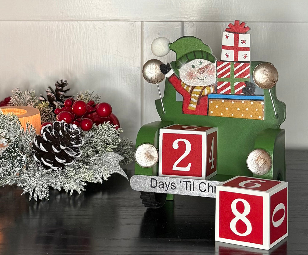 Christmas Countdown Calendar, Wooden Green Truck with Snowman and Gifts, 4.75" x 6.25", 32-Day Advent Blocks