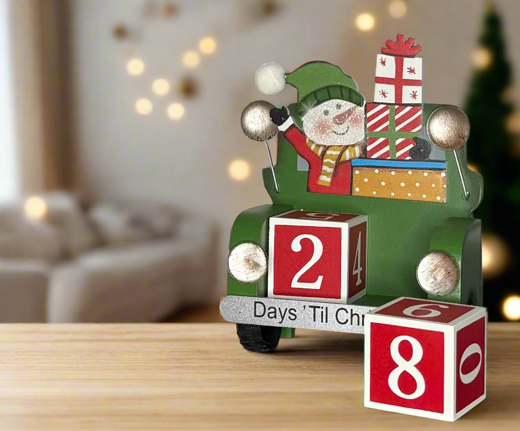 Christmas Countdown Calendar, Wooden Green Truck with Snowman and Gifts, 4.75" x 6.25", 32-Day Advent Blocks