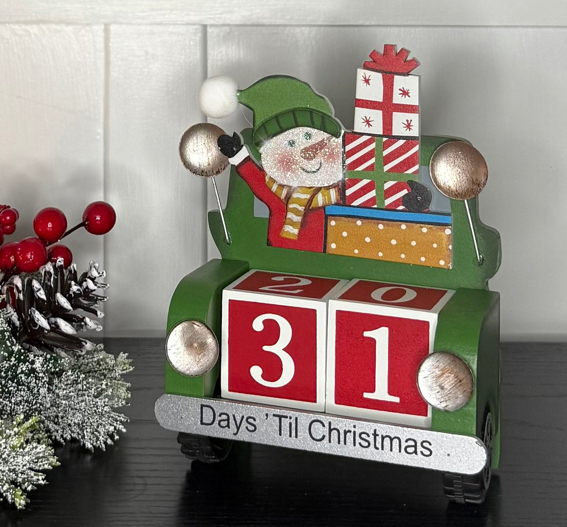Christmas Countdown Calendar, Wooden Green Truck with Snowman and Gifts, 4.75" x 6.25", 32-Day Advent Blocks