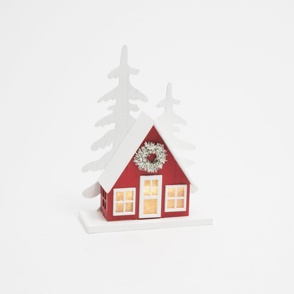 Lighted Christmas Holiday Red Cabin in The Woods House, 9.5 Inches, Timer, Wood, Battery Operated