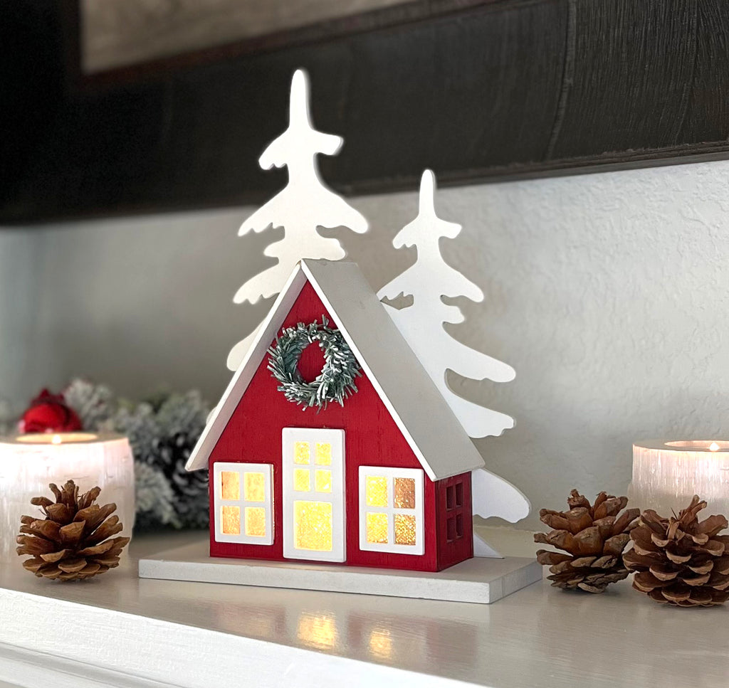 Lighted Christmas Holiday Red Cabin in The Woods House, 9.5 Inches, Timer, Wood, Battery Operated