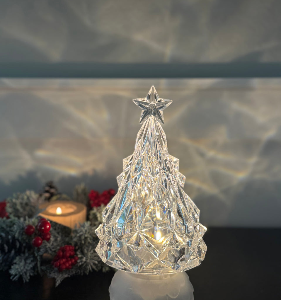 Crystal-Look Rotating Christmas Tree Lantern, 9.5 inches, Battery Operated with Timer, LED Light Display