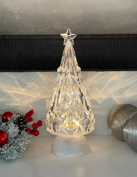 Rotating Christmas Tree Lantern with Faceted Edges, Crystal Look Acrylic,12.25 inches, Battery Operated with Timer